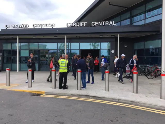 Fans arriving at Cardiff Central station