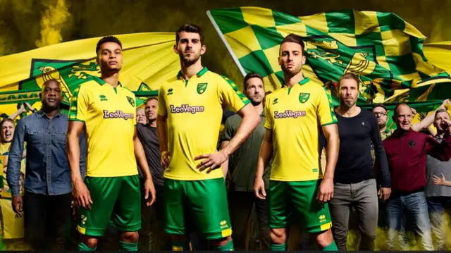 Norwich City's 2017-18 kit modelled by Jacob Murphy, Nelson Oliveira and Ivo Pinto