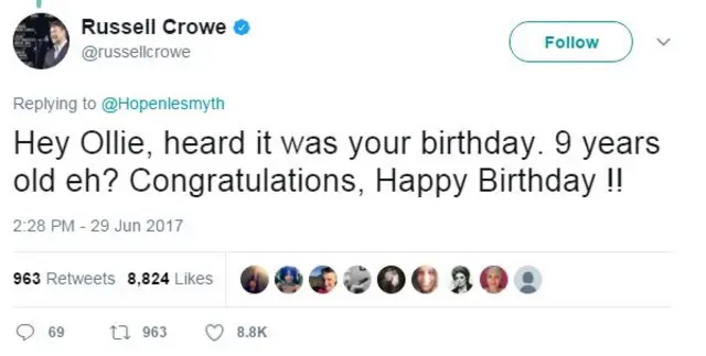 Tweet from Russell Crowe