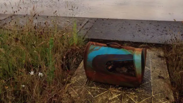 The cat carrier and the water it was pulled out from