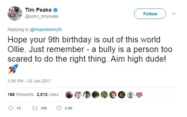 Tweet from Tim Peake