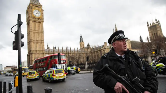 An armed police officer stands guard near Westminster Bridge and the Houses of Parliament on March 22, 2017 in London, England.