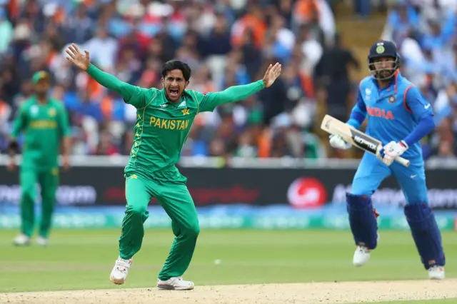 Hasan Ali of Paakistan appeals successfully for the lbw wicket of Yuvraj Singh of India