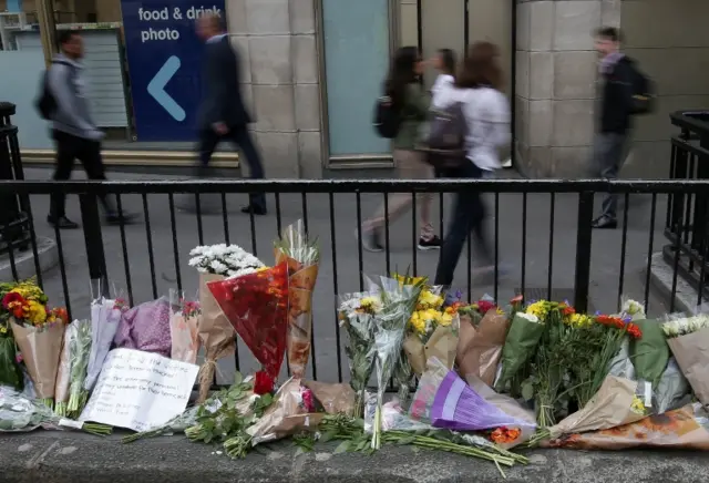 Flowers outside Monument Station, near London Bridge