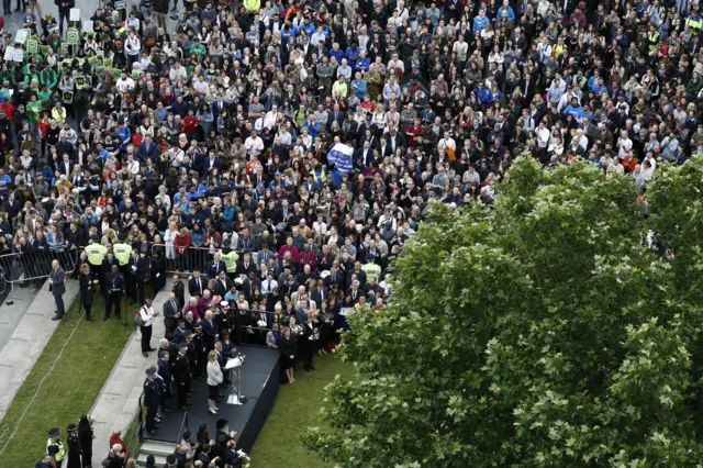 People gather at Potters Fields Park in London on June 5, 2017 for a vigil to commemorate the victims of the terror attack on London Bridge and at Borough Market