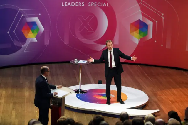 Liberal Democrats leader Tim Farron speaking at a BBC Question Time debate in Edinburgh