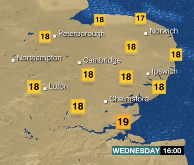 Weather graphic showing clear spells over East Anglia