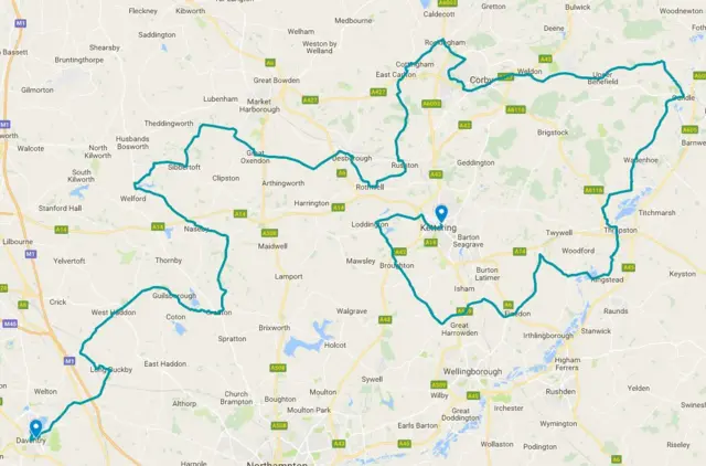 Map of stage one of the race from Daventry to Kettering in Northamptonshire