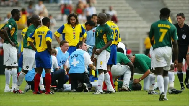 Cameroon's Marc-Vivien Foe collapsed on the pitch during the 2003 Confederations Cup in France