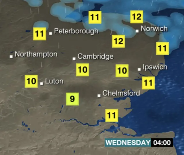 Weather graphic showing rain over north Norfolk