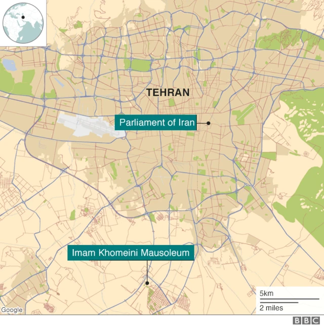 Map showing location of two attacks in Tehran