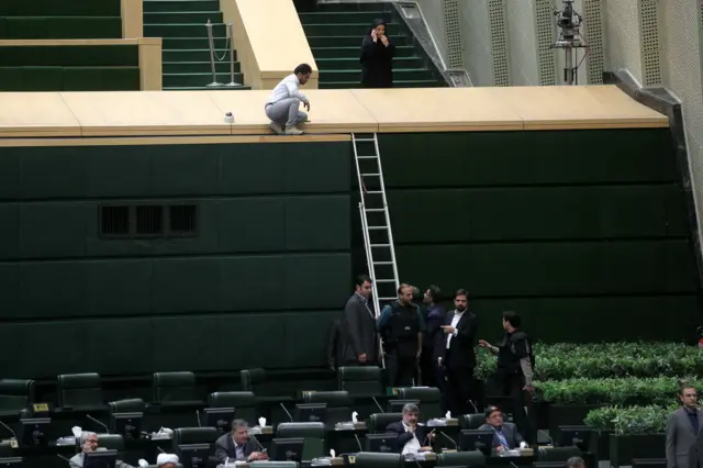 Iranian policemen are deployed inside the parliament building to protect Iranian lawmakers during an attack in Tehran, Iran, 7 June 2017.