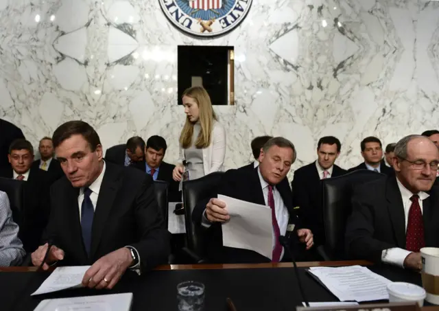 US Senator Mark Warner (left) and Senator Richard Burr (centre), respectively vice-chair and chair of the Intelligence Committee