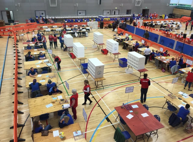 Counters preparing for ballots to arrive at the Foyle Arena