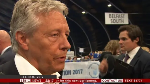 Peter Robinson speaking to the BBC at the Titanic Exhibition Centre in Belfast