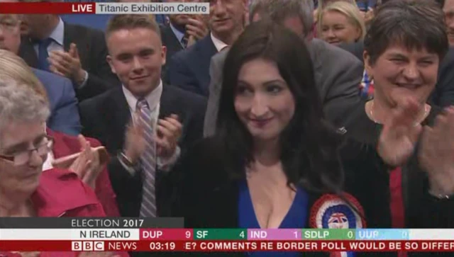 Emma Little-Pengelly surrounded by DUP party colleagues at election count centre