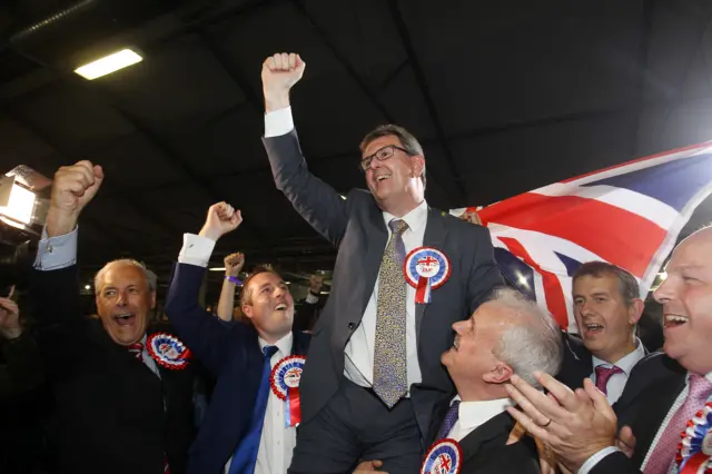 Sir Jeffrey Donaldson celebrating