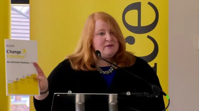 Naomi Long speaking at the Alliance Party manifesto launch