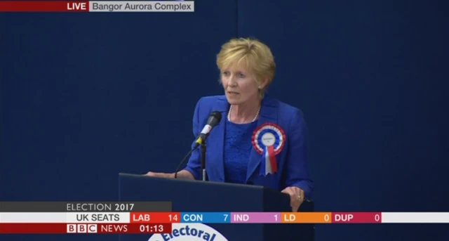 Lady Sylvia Hermon making her victory speech after being returned as an MP in North Down