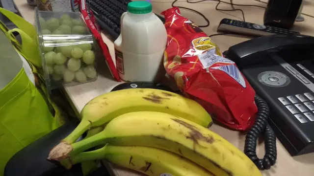 Fruit and snacks on desk