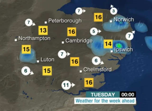 Weather graphic for midnight, showing scattered showers over East Anglia