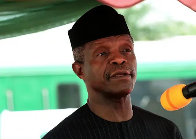 Nigeria's Acting President Yemi Osinbajo speaks at the ground breaking for the construction Lagos-Ibadan rail line project at the Ebute-Metta headquarters of the Nigerian Railway Corporation in Lagos on March 7, 2017