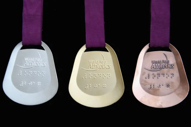 he medals for the World Para Athletics Championships are seen during a photo call at the Old Royal Naval College on May 18, 2017 in Greenwich, England.