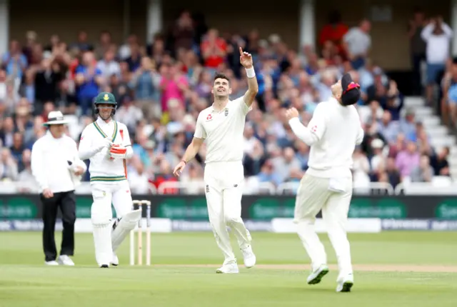 Jimmy Anderson celebrates dismissing Dean Elgar