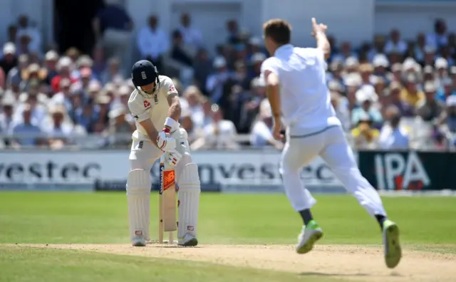 England's Joe Root is bowled out