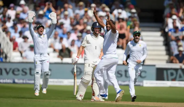 South Africa appeal for the wicket of England's Gary Ballance