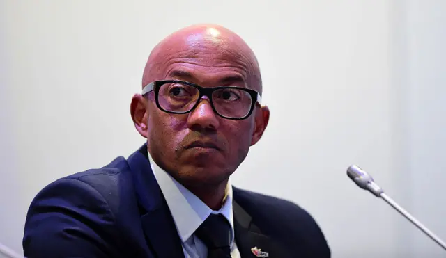 Frank Fredericks, IAAF Athlete's Commission Chairperson speaks during a press conference following the IAAF Council Meeting at the Fairmont Monte Carlo Hotel on November 26, 2015 in Monaco, Monaco.