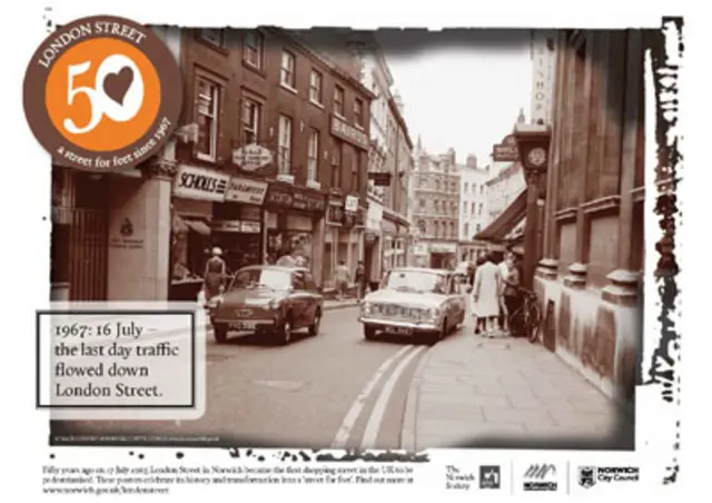 Sepia photo from 1967 showing the last day traffic was allowed down London Street