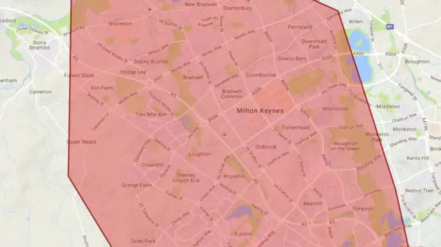 Area affected by water problems in Milton Keynes.