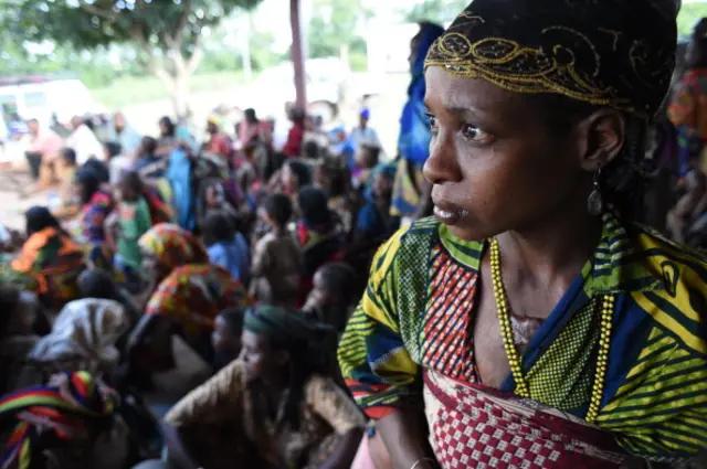 A woman with Pullo refugees settling at a centre for displaced muslims fleeing the anti-balaka militia, looks on in Yaloke, some 200 km east of Bangui, on May 4, 2014