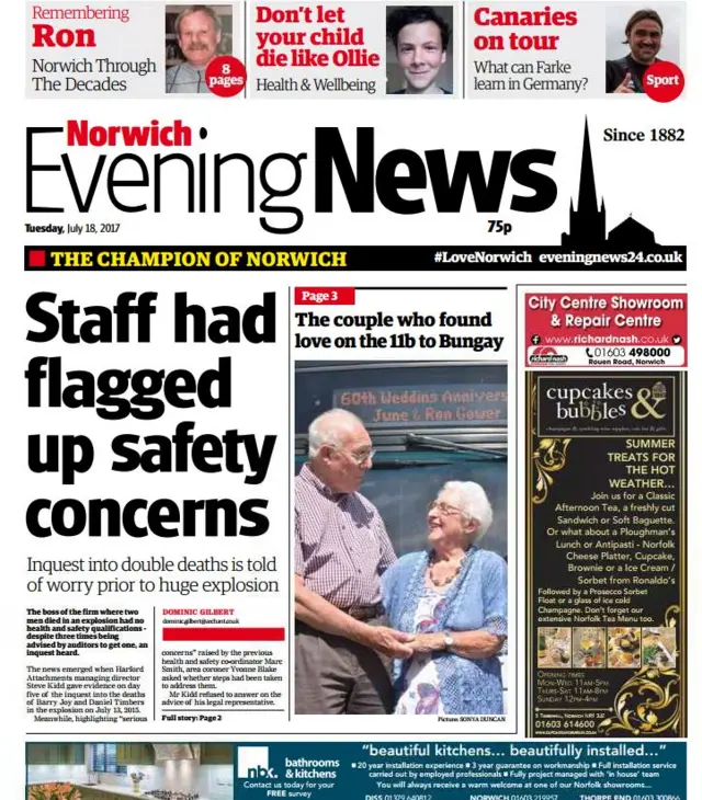 Front page of Norwich Evening News