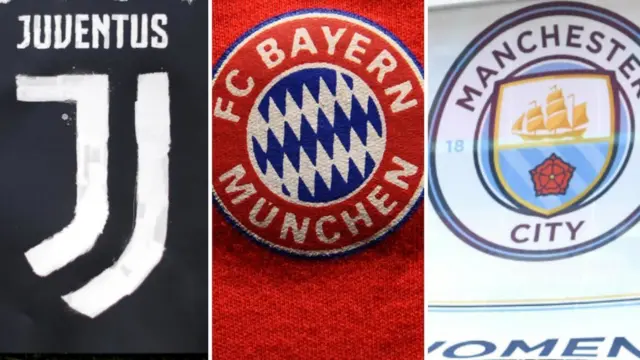 Juventus badge (left), Bayern Munich and Manchester City Women (right)