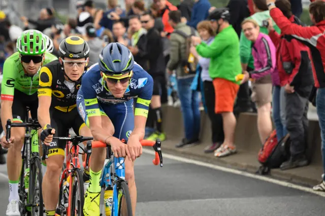 Thomas Boudat rides in the breakaway