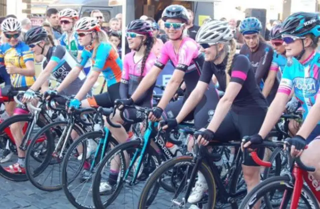 Cyclists lined up ready to begin their race