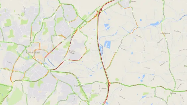 Google map showing congestion after accident on A12.