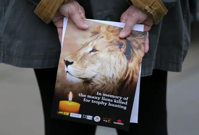 A pamphlet showing an image of Cecil the lion, is held at a vigil in central London