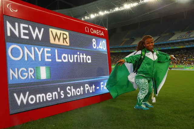 Lauritta Onye of Nigeria poses after breaking the world record in the Women's Shotput Final on day 4 of the Rio 2016 Paralympic Games at Olympic Stadium on September 11, 2016 in Rio de Janeiro, Brazil