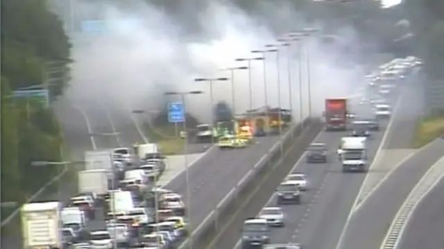 Lorry on fire on M40