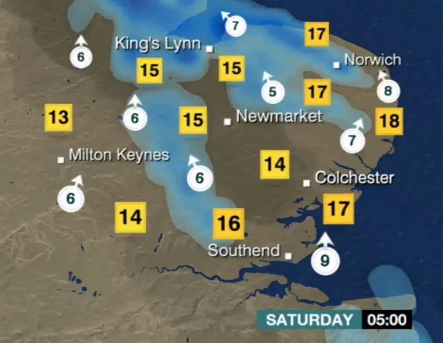 Weather graphic for 05:00 tomorrow, showing rain across parts of East Anglia