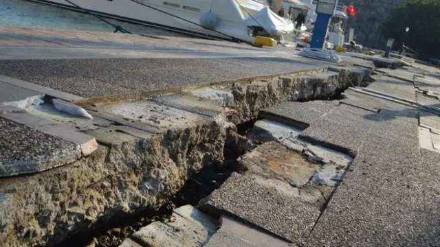 Large cracks appeared on pathways near a port on Kos