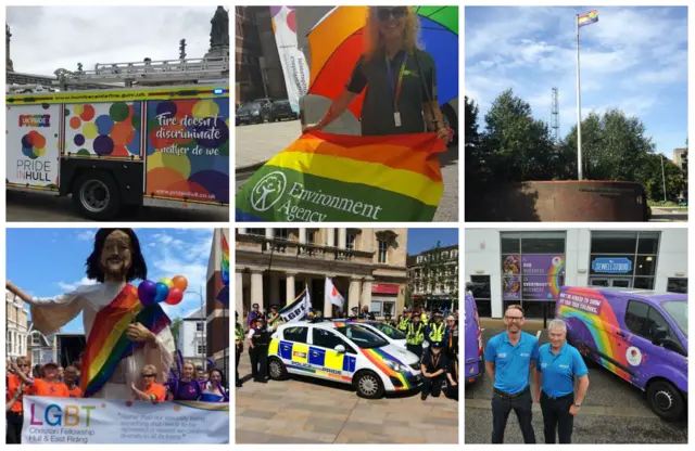 Collage of pictures featuring rainbow flags and vehicles painted with rainbow colours.