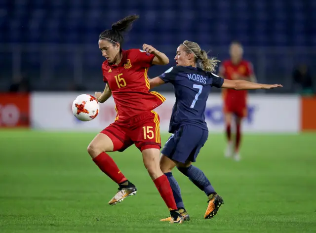 Silvia Meseguer and England's Jordan Nobbs in action