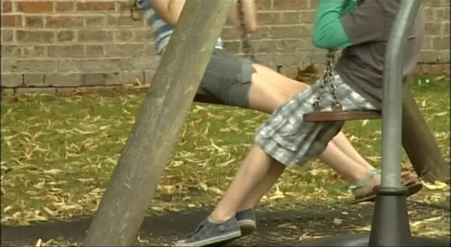 The legs and feet of two young children sitting on playground swings