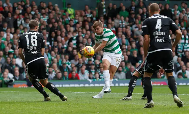 James Forrest sees his shot blocked