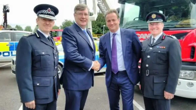 Essex Chief Constable Steve Kavanagh, Police and Crime Commissioner Roger Hirst, police and fire minister Nick Hurd and Adam Eckley of Essex County Fire and Rescue Service.