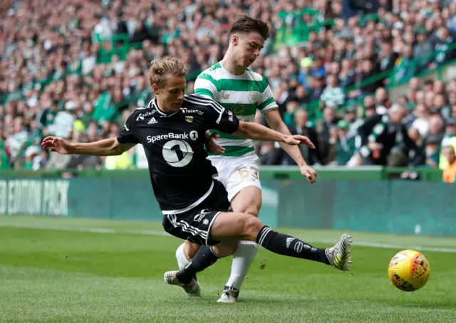 Rosenborg"s Vegar Eggen Hedenstad in action with Celtic"s Kieran Tierney